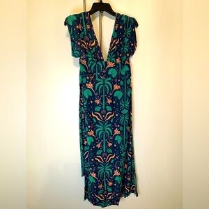 NWOT Elegant Blue and Green Patterned Dress. Straps crossed back & tie